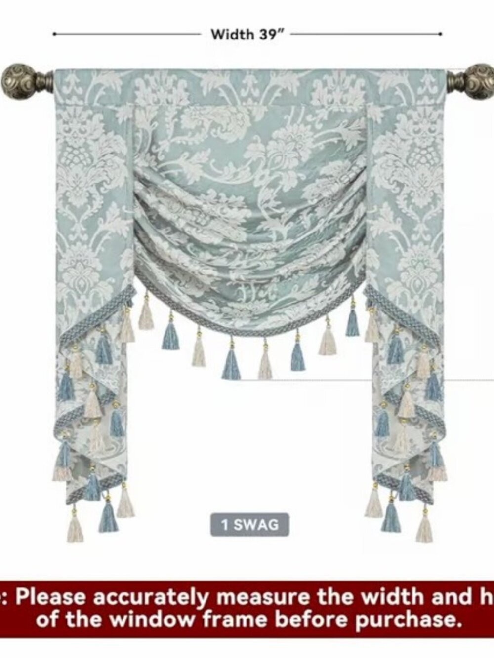 Loom and Mill Luxury Waterfall Valance, Lake-Green, Elegant 39"W x 45"L, 1 Panel